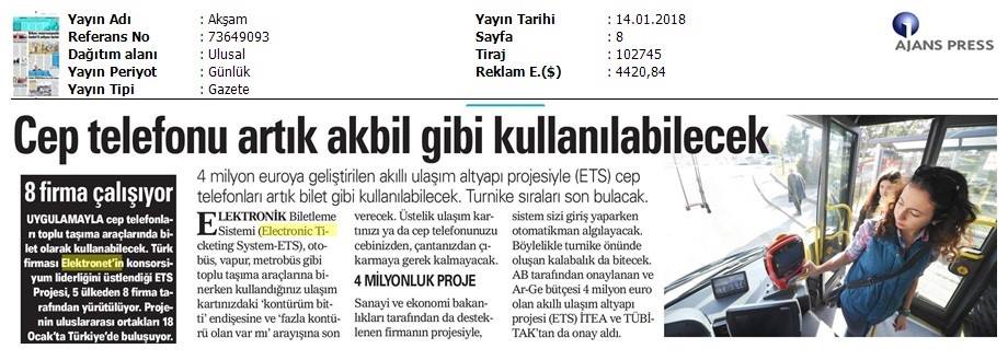 Cep telefonu artık akbil gibi kullanılabilacek Akşam Gazetesi, 18 Ocak 2018