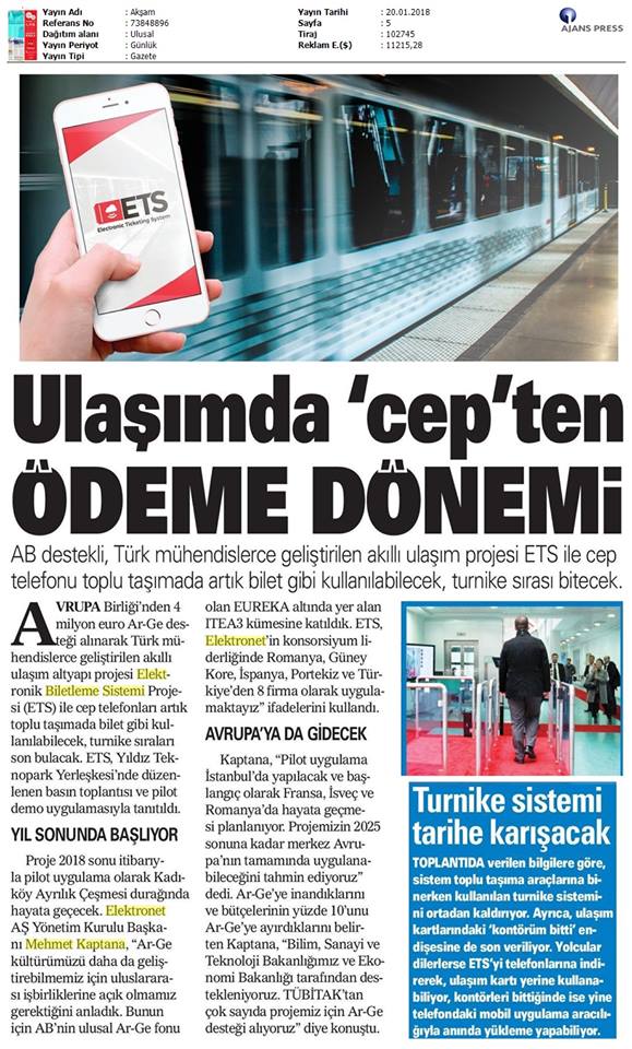 Ulaşımda 'cep'ten ödeme dönemi Akşam Gazetesi, 20 Ocak 2018