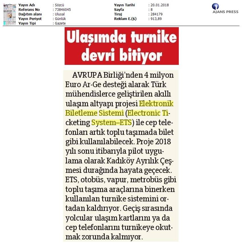 Ulaşımda Turnike Devri Bitiyor Sözcü Gazetesi, 20 Ocak 2018