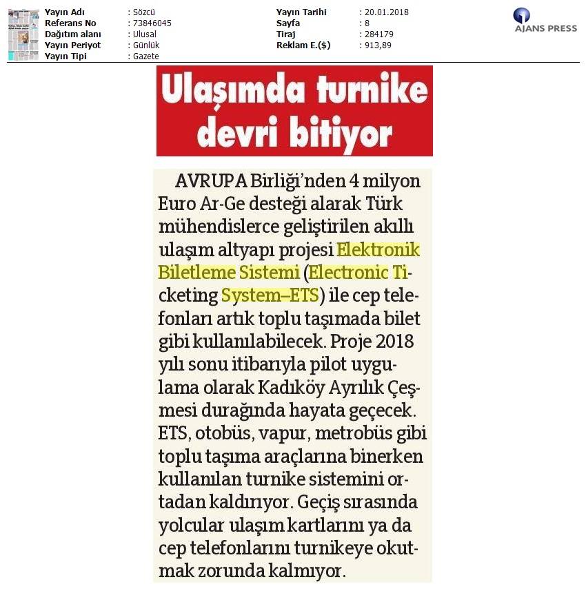 Ulaşımda Turnike Devri Bitiyor Sözcü Gazetesi, 20 Ocak 2018