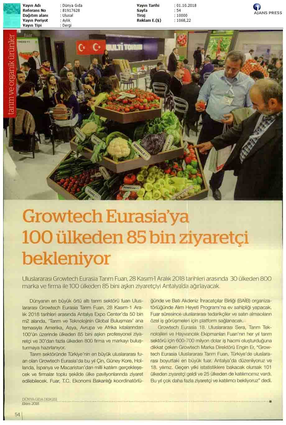 Dünya Gıda Growtech Eurasia'ya 100 Ülkeden 85 Bin Ziyaretçi Bekleniyor 2018 10 01