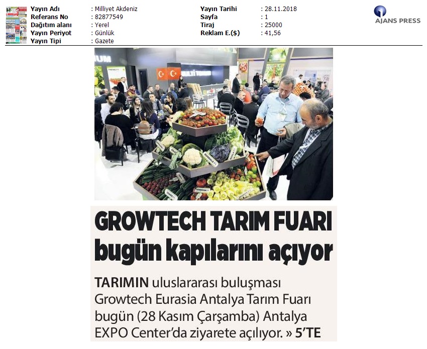 Milliyet Akdeniz Growtech Tarim Fuari Bugün Kapılarını Açıyor 2018 11 28