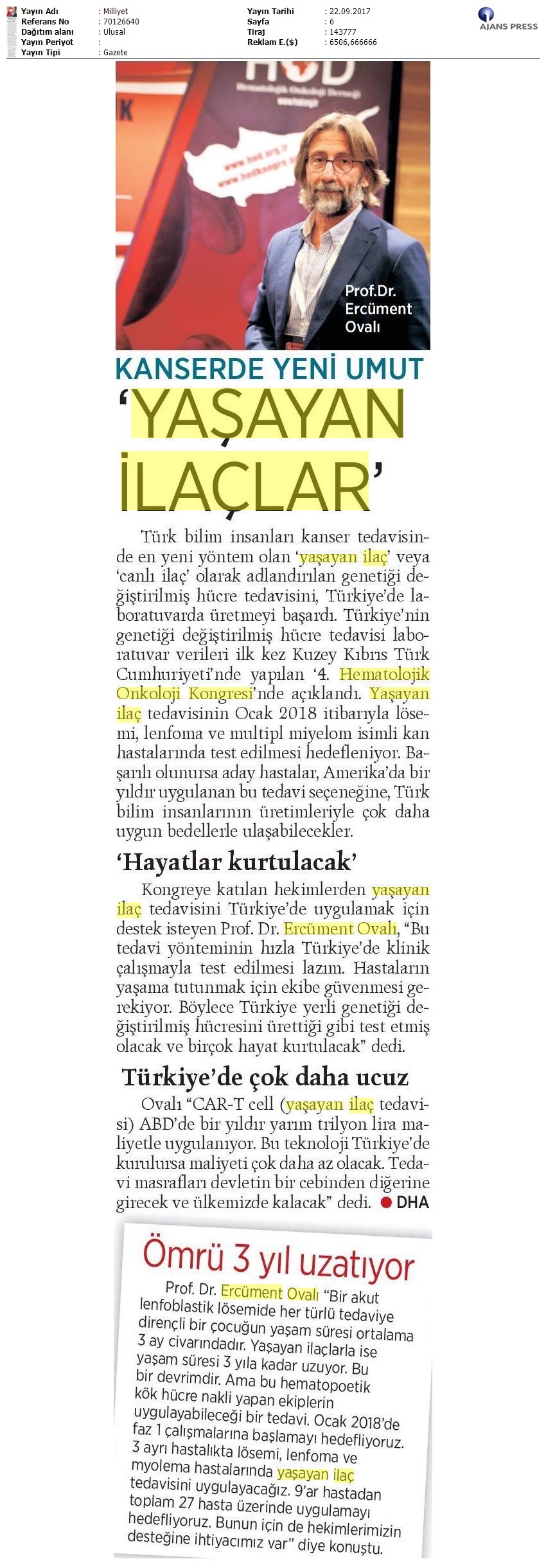 K.K.T.C. 4.Hematolojik Onkoloji Kongresi Basın Toplantısı Milliyet Gazetesi 22.09.2017