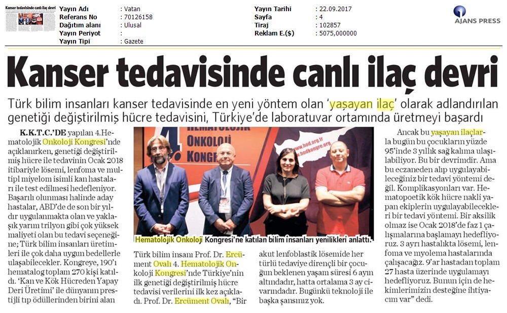 K.K.T.C. 4.Hematolojik Onkoloji Kongresi Basın Toplantısı Vatan Gazetesi 22.09.2017