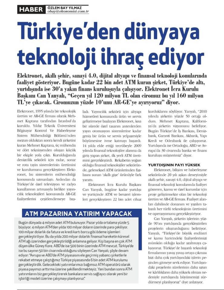 Ekonomist Dergisi 27 Ağustos 2 Eylül 2017 Elektronet İcra Kurulu Başkanı Can Yanyalı