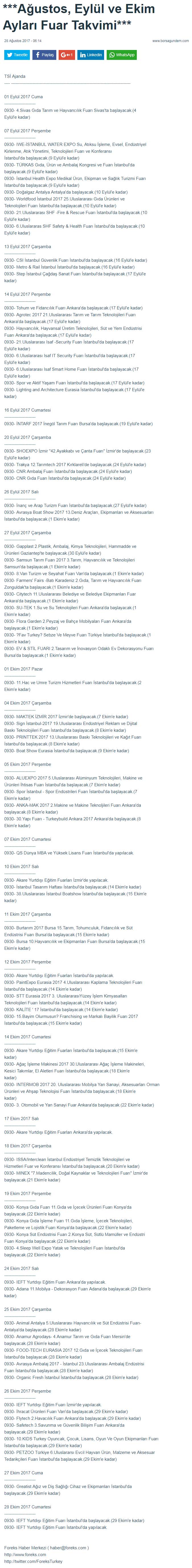 Ağustos, Eylül ve Ekim Ayları Fuar Takvimi borsagundem.com 28.09.2017