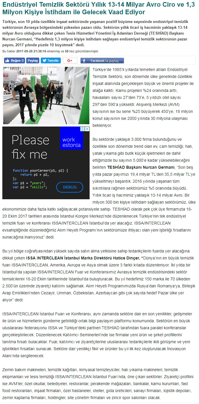 Endüstriyel Temizlik Sektörü Yıllık 13-14 Milyar Avro Ciro ve 1,3 Milyon Kişiye İstihdam ile Gelecek Vaad Ediyor vivahaber.com 28.09.2017