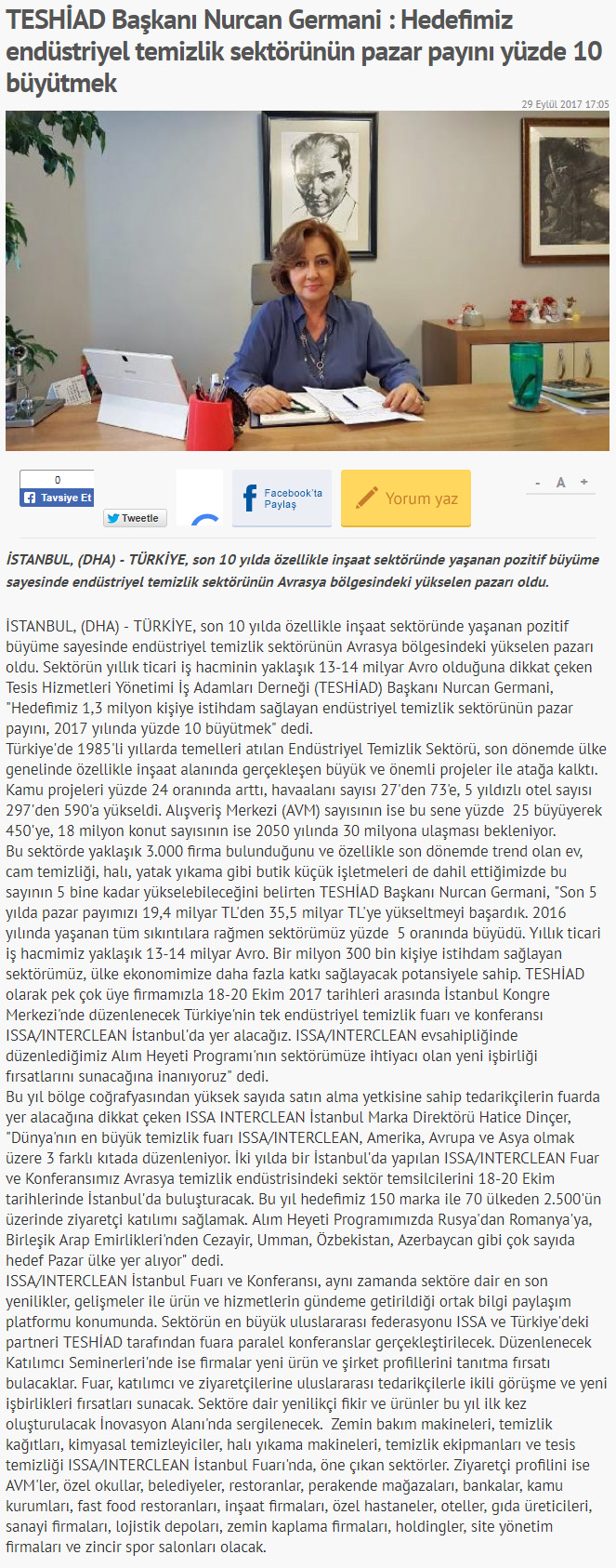 TESHİAD Başkanı Nurcan Germani  Hedefimiz endüstriyel temizlik sektörünün pazar payını yüzde 10 büyütmek haber1.com 29.09.2017